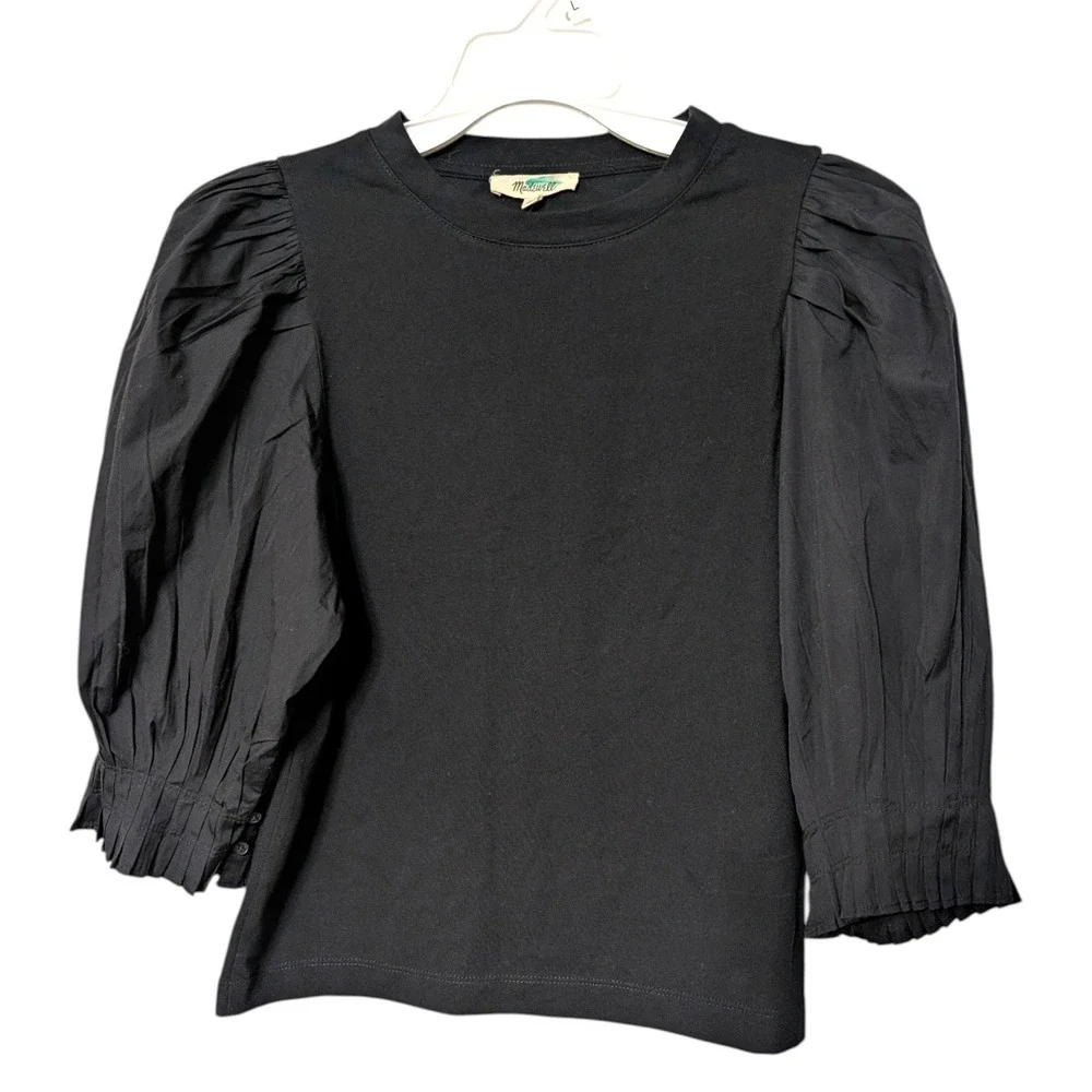 Madewell Black Pleated Puff Cuff Sleeve Mixed Media Cotton Poplin Top XS